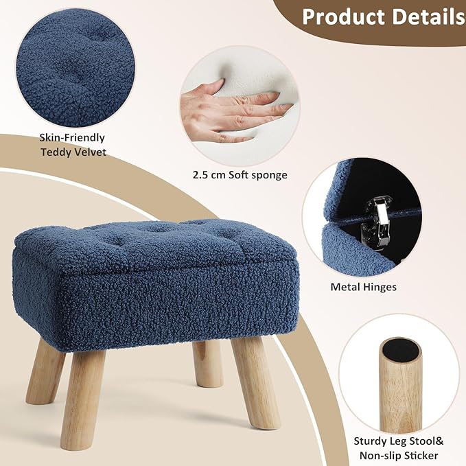 OGEMXU Storage Ottoman, Small Foot Stool Ottoman with Storage, Boucle Teddy Velvet Foot Rest with Padded Seat, Sturdy Wood Legs Stool for Living Room, Bedroom, Couch, Enterway (Dark Blue)
