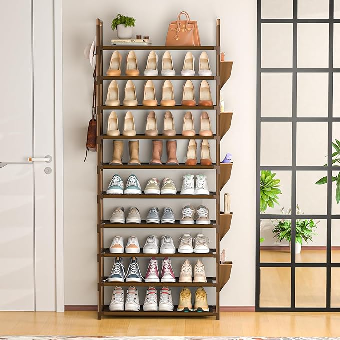 LUKYTOWER Tall Shoe Rack - 10 Tier Organizer for Closet, 30-35 Pairs, Large Capacity with 5 Hooks and Side Pocket, Sturdy Shoe Shelf, Vertical Shoe Stand Tower