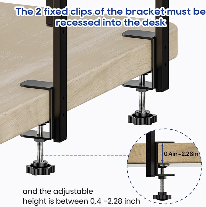 Clamp On Desk Shelf 2-Tier, 16.5 in Wood Shelving Unit for Office Desk/Gaming Accessories, Tabletop Book Storage Rack, Shelf for Top of Desk, Brown