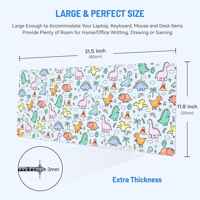 Mousepad Desk Mat Gaming Large Keyboard Cute Office Desktop Computer Laptop Dinosaur XXL Long Giant Big Kawaii Aesthetic Girly Pretty Design Women Girl Gamer Oversized Wide 30x12'' Mousepad