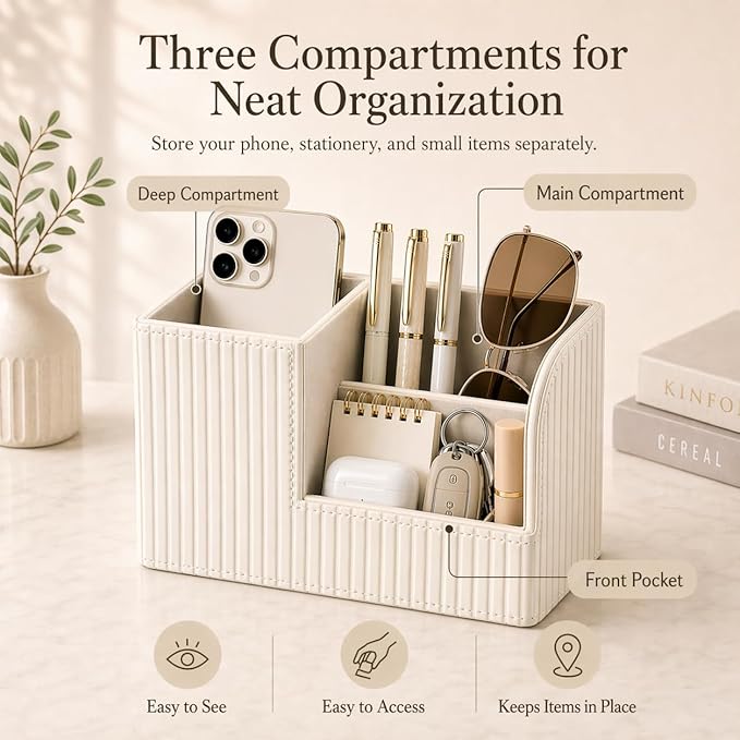 KINGFOM Desk Pen Organizer Office Supplies Caddy Pu Leather Multi-function Storage Box Pen/Pencil,Cell phone, Business Name Cards Remote Control Holder (Ivory White)