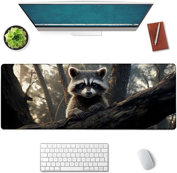Forest Raccoon Large Mouse Pad, Gaming Mouse Pad, Non-Slip Rubber Base, Office Accessories, Desk Mat, Animal MousePads for School, Work, Home Decor Gifts 31.5" x 11.8"