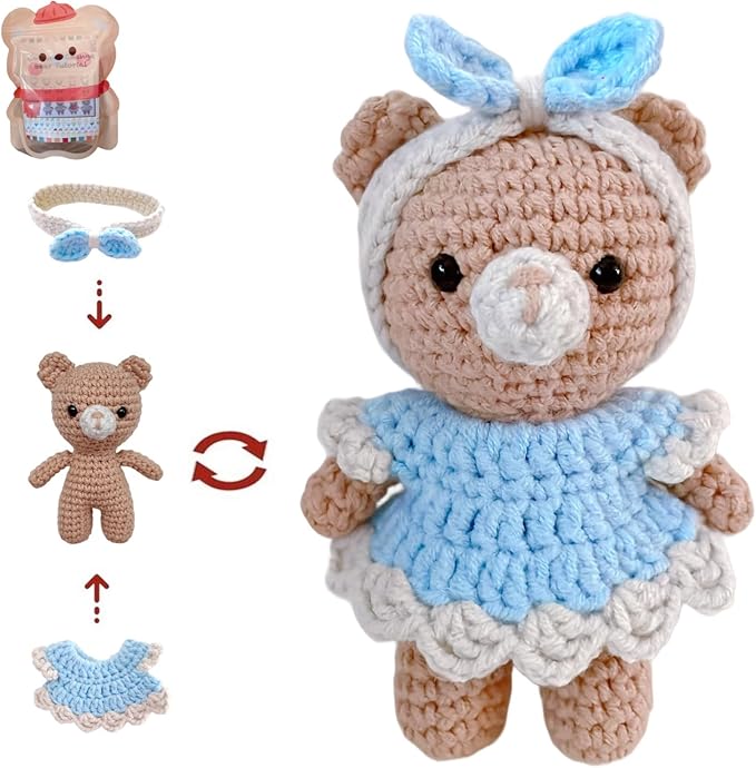 LoopMap Amigurumi Crochet Kit for Beginners with Removable Dress & Video Tutorials, DIY Bear Making Kit Includes Premium Yarn & Tools, Creative Gift for Adults Teens (Blue)