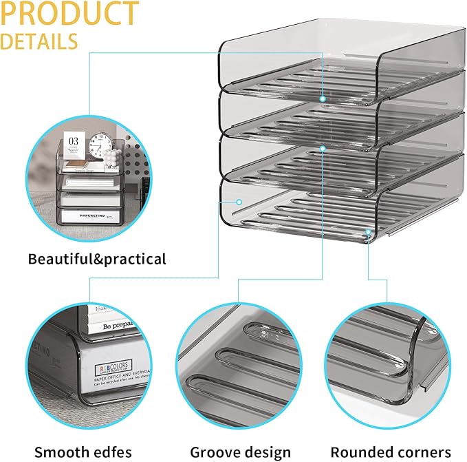 FANXIYQ 4-Tier Acrylic Paper Tray Organizer | Clear Stackable Desk Organizer for Documents, Letters, A4 Paper | Modern Office/Classroom/Home Organization,Brown