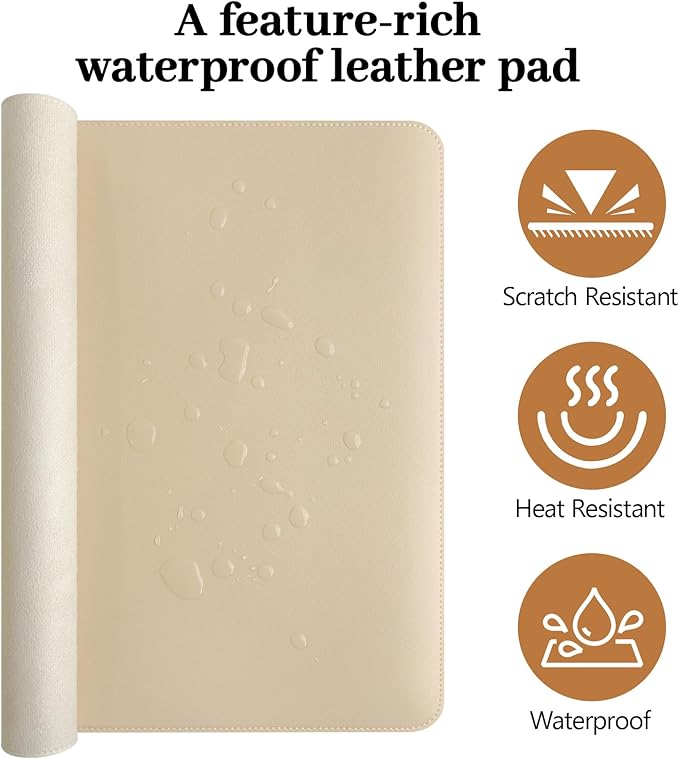 Beige Leather Desk Mat Large Mouse Pad, Waterproof Desk Pad for Keyboard and Mouse, Non-Slip Computer Desk Protector, Smooth Mouse Movement Desk Mat for Home and Office(23.6"×13.8")