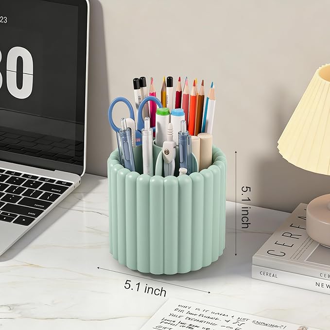 Anyoifax 360° Rotating Pen Holder 7 Slots Desk Organizer Removable Pencil Cup Plastic Art Supplies and Accessories Desktop Storage Box Caddy for Office, School, Home (Green)