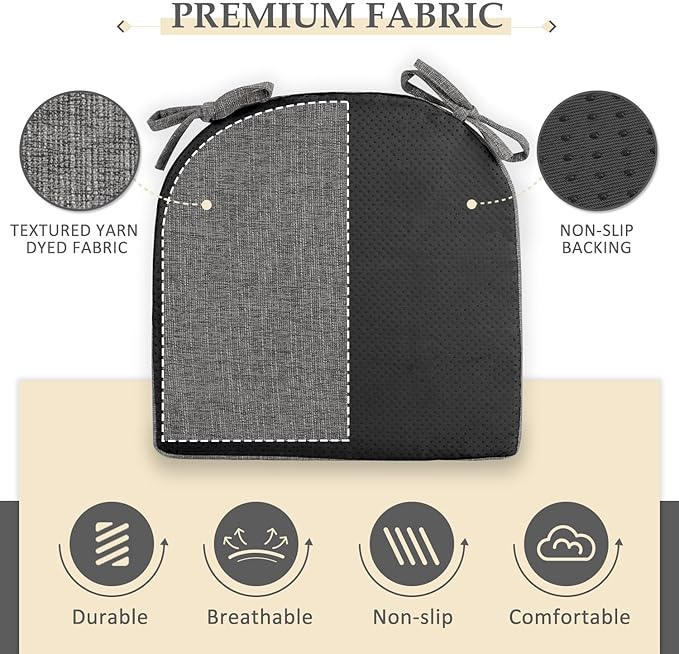 Wellsin Chair Cushions for Dining Chairs 4 Pack - Kitchen Chair Cushions with Ties and Non-Slip Backing - Dining Chair Pads 16"X16"X2", Dark Gray