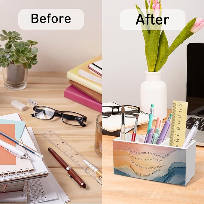 Inhale Exhale Mental Health Pen Pencil Holder for Desk, Watercolor Abstract Office Desk Accessories, Calming Breathe Pen Holders Organizer for Therapy Counselling Room, Therapy Office Decor