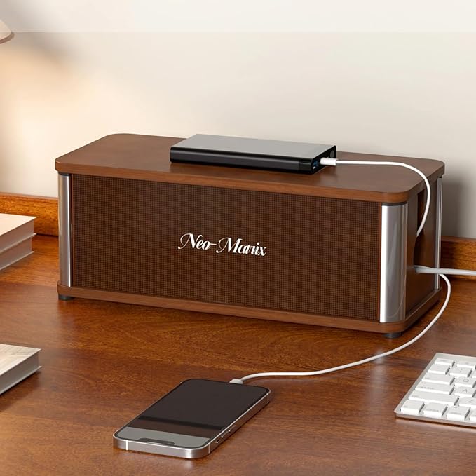 Delamu Wooden Cable Management Box, Retro-Inspired Cord Organizer Box for Home Office, Large Cord Hider Box Hides Cords and Power Strips, Floor Cord Covers, 14.3" x 6.0" x 5.5", Dark Brown