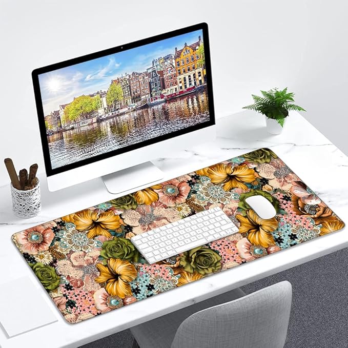 Gaming Mouse Pad Large Desk Mat Extended Keyboard Mouse Pad Mousepad with Non-Slip Base and Stitched Edge Mouse Mat Desk Pad Mouse Pads for Desk Home Office Gaming Retro Floral