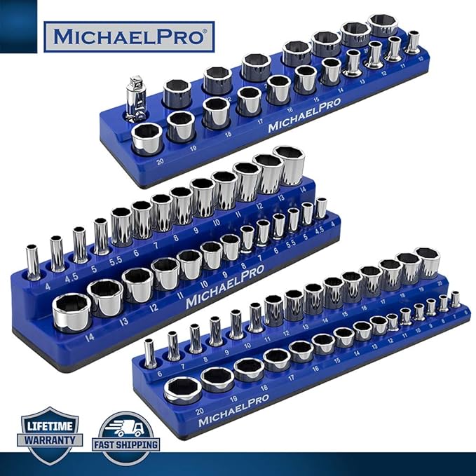 MichaelPro Magnetic Socket Organizer, Socket Tray, 3-Pc 1/4-inch, 3/8-Inch, & 1/2-Inch Magnetic Organizer Tray in Metric for Toolboxes/Cabinets| MP014002