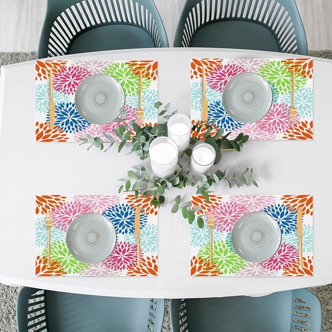 Placemats Set of 4 Heat-Resistant Rectangle Place Mats Abstract Art Flowers Washable Plastic PVC Dining Table Mat Non-Slip Wipeable Woven Vinyl Placemat for Kitchen Patio Table Decor