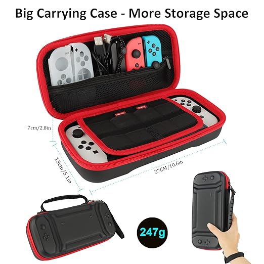 Accessories Bundle for Nintendo Switch OLED Model: Super Kit with Carrying Case, Screen Protector, Steering Wheels, Joycon Grips, Charging Dock, Playstand, Protective case and More (23 in 1)