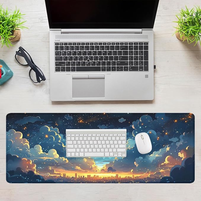 Clouds Sky Gaming Mouse Pad Cartoon Dreamy Night White Clouds Stars Large Gaming Mouse Mat with Stitched Edges,Non-Slip Waterproof Rubber Base Mous Mat 31.5x11.8 in