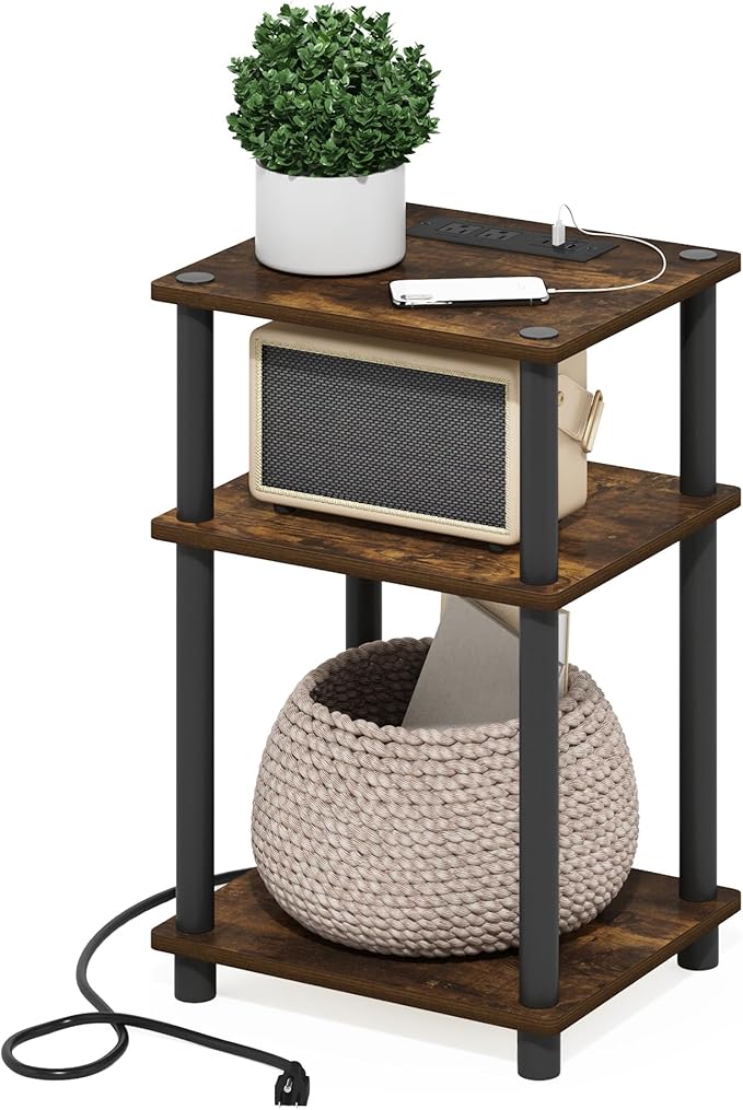 Furinno Just 3-Tier Turn-N-Tube USB and Type-C Charging Port End Table with Open Storage, 11.42 (W) x 8.82 (H) x 6.77 (D) inches, Amber Pine/Black
