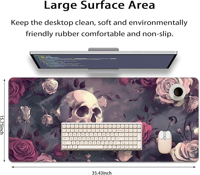 35.4 x 15.7 in, XXL Large Mouse Pad for Desk, Extended Keyboard Mouse Mat for Computer Office, Big Mouse pad with Stitched Edges, Gaming Pc-Skull red Pink Rose Butterfly