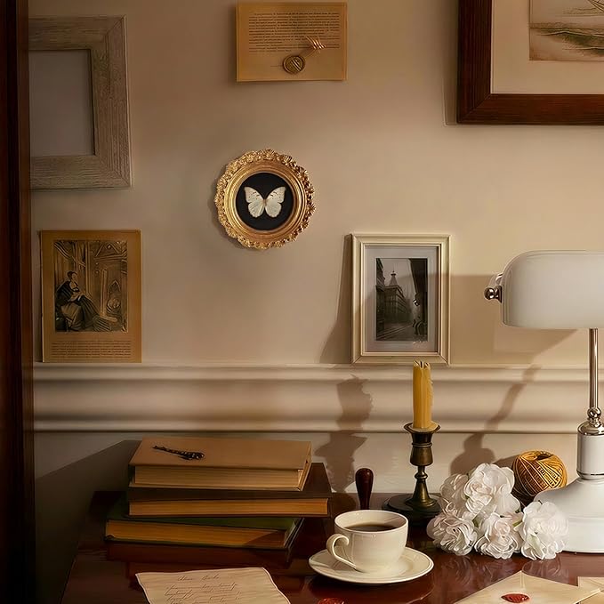 Small Vintage White Butterfly Round Picture Frame Wall Decor, Dark Insect Gold Mini Ornate Photo Frame for TableTop Desk 2.7in Photo, Gothic Framed Artwork for Walls Office Bedroom Shelf