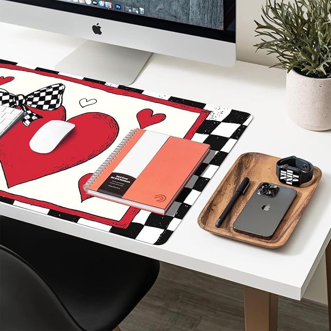 Valentine Desk Mat, Heart Black White Check Large Mouse Pad for Desktop, PU Leather Waterproof Desk Pad, Computer PC Laptop Protector Gaming Mouse Pads Valentine's Day Gifts for Her Him