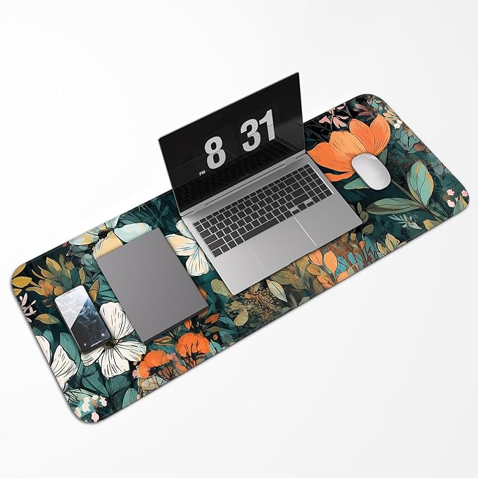 Floral Plant Mouse Pad, Non-Slip Rubber Base Stitched Edges, Large Gaming Mouse Pad for Laptop, Computer, Keyboard, 31.5 x 11.8 Inch, Desktop Decor