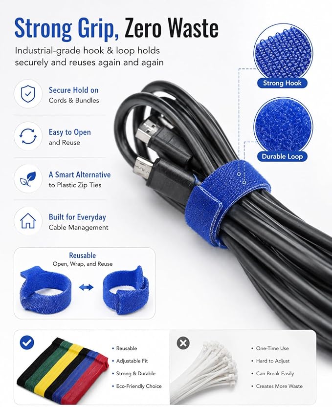 120 Pack Reusable Cable Ties 6 Inch – Multi-Color Hook and Loop Cord Ties for Wire Management – Color-Coded Cable Straps for Electronics, PC, Desk & Gaming Setup