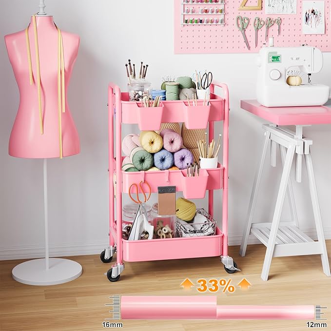 3 Tier Rolling Cart on Wheels, Metal Utility Storage Cart with Wheels, Three Tiered Craft Carts Organizer with Hanging Cups, Hooks, Mesh Basket for Bedside, Kitchen, Bathroom, Office, Art, Snack, Pink