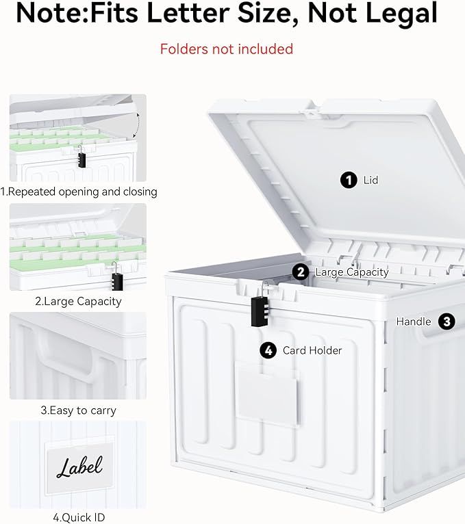 Oterri Plastic File Box with Lid for Letter Size Hanging File Folders, Hanging File Folder Box for Home, Office, School, File Cabinet, Assembly File Organizer, White，Large-2 Pack Without Folders