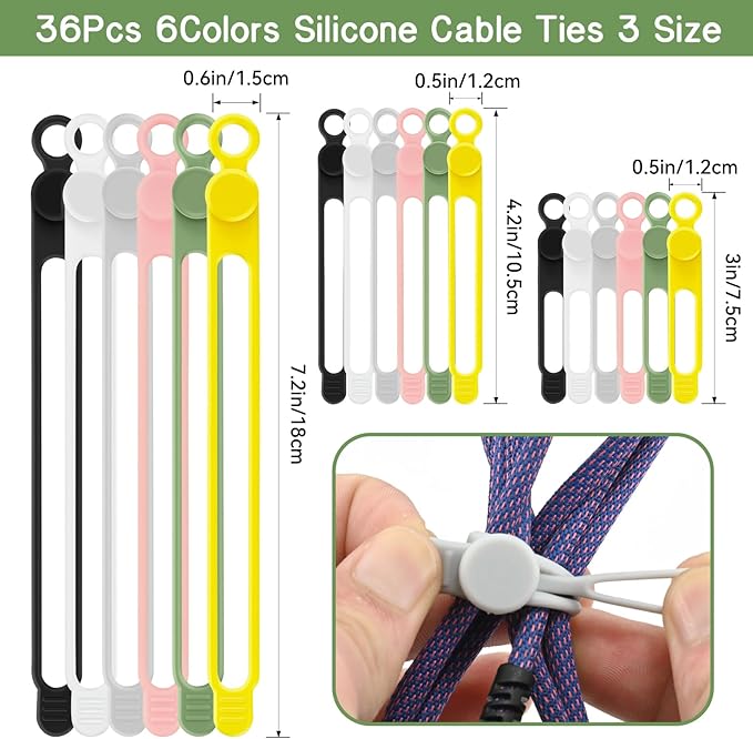 36Pcs Silicone Cable Ties, 6 Colors Data Cable Organizer Ties, 3 Sizes Cord Ties for Charging Cables, Wire Organizers, Electrical Cords, Computer Wires, Cord Organizers