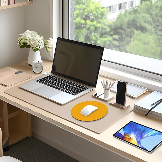 Leather Mouse Pad, Office Mouse Mat Non-Slip Rubber Base Stitched Edge Washable Waterproof Round Mousepad for Office Gaming PC Laptop, Round Diameter 8.7 inches, Apricot Yellow