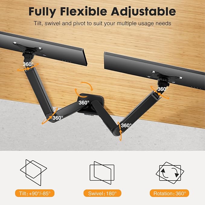 DUMOS 2Pcs Dual Monitor Mount for Desk, Gas Spring Monitor Arm for 2 Monitors Max 32 Inches, Fully Adjustable Double Monitor Mount, VESA Mount with C-Clamp/Grommet Base, Holds Screen 17.6 lbs