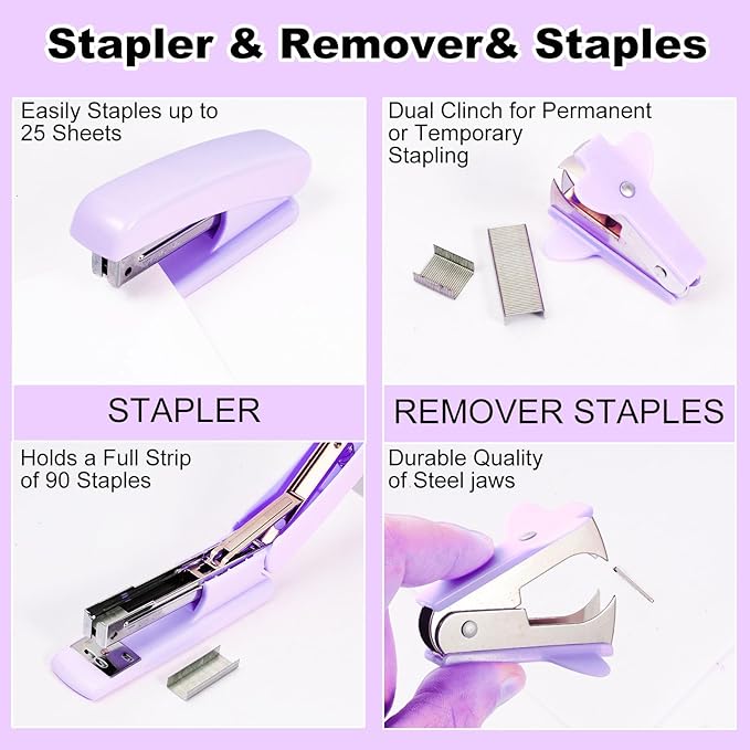 Gawsey Purple Desk Organizers and Accessories Set with 360-Degree Rotating Pen Holder, Tape Dispenser, Stapler, Staple Remover, 1000 Staples, Tape, Clips Set, Ruler, Scissor, Pen