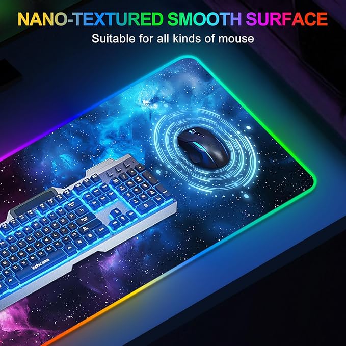 ARTSO RGB Mouse Pad Led,XXL Large Mouse Pad Purple Blue Starry Nebula, Big Mouse mat Computer Mousepad with 14 Light Modes, 35.4 x15.7 Inch Keyboard Mat