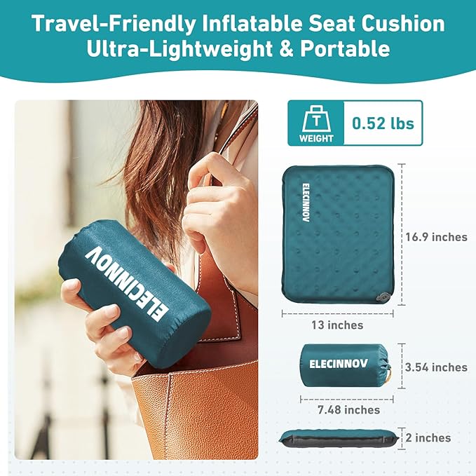 Inflatable Seat Cushion, 2 Pack Self Inflating Memory Foam Portable Stadium Seat Cushions for Bleachers Lightweight Camping Comfort Airplane Cushion for Long Flights Outdoor Events (2 Pack Blue)