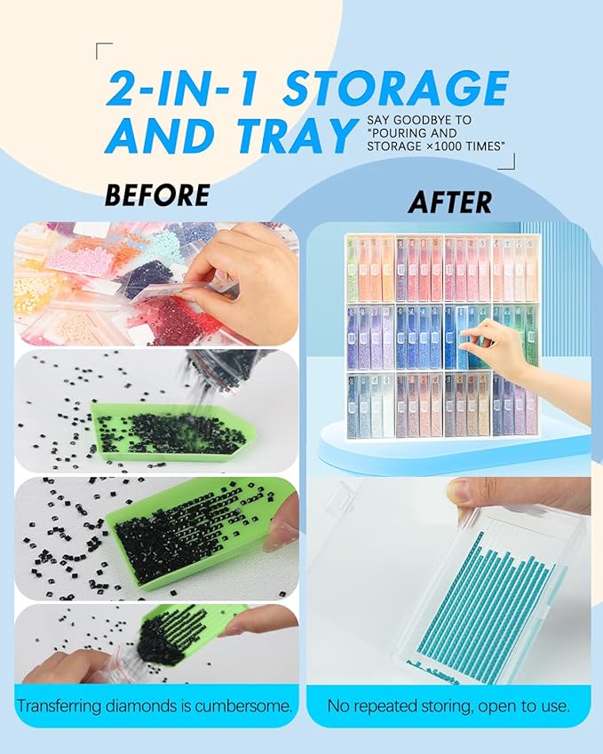 forever young Extra Large Diamond Art Storage Containers Trays ＆ Stand, 48 PCS Diamond Painting Trays with Lids for Adults & Hobbyists, 2-in-1 Organizer for Bead Sorting & Organized Workspace