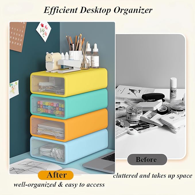 Plastic Desktop Drawer Organizer, Small 3-Tier Stackable Storage Drawers, Mini Desk Organizer for Office Stationery Makeup Vanity Supplies