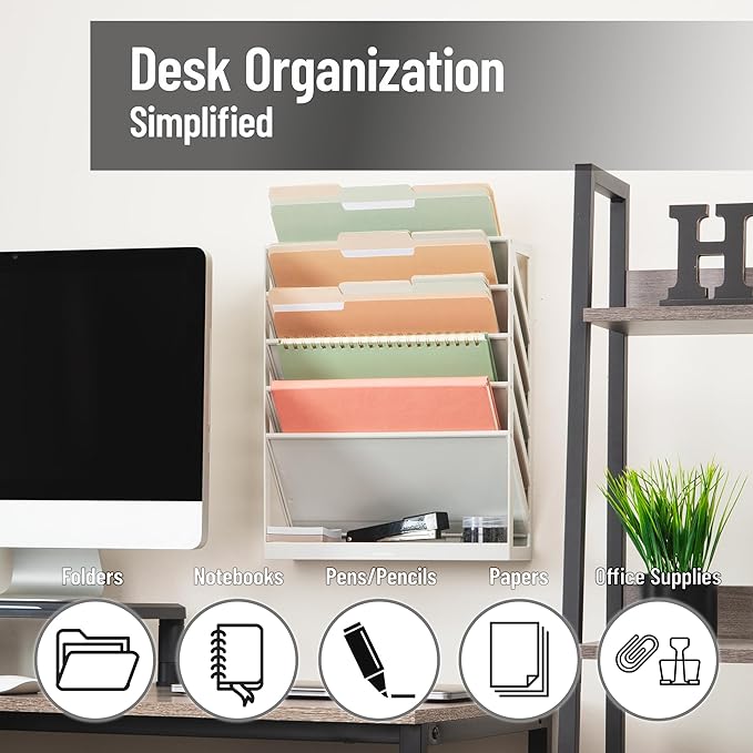 Mind Reader 5-Tier Vertical File Storage, Desktop Organizer, Wall Mount, Office, Plastic, 13"L x 4.25"W x 16"H, Beige