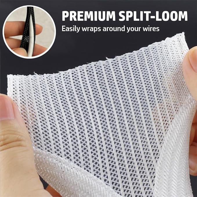 MGI SpeedWare Braided Split-Sleeve White Wire Loom for High-Temperature Automotive Harness and Home Cable Management 25 feet (1/4")