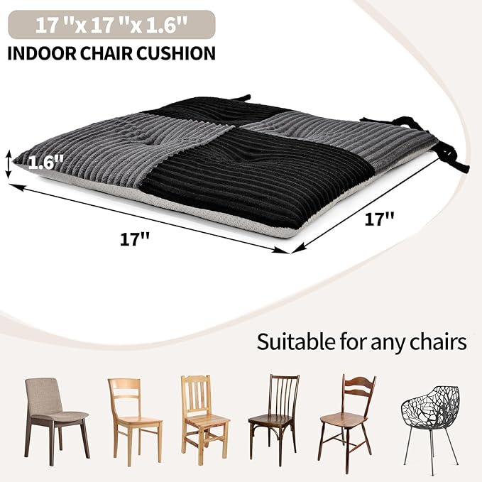 Office Stacking Chair Cushion with Ties, Corduroy High Density Foam Non-Slip Kitchen Seat Cushion, Square 17" x 17" Indoor Dining Chair Pads, Black+ Grey, 1 PCS