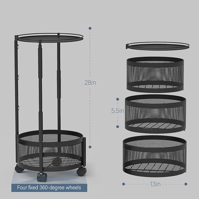 Rotating Storage Rack for Kitchen, 4 Tier Fruit and Vegetable Storage for Kitchen Rotating Storages Rack with Wheels, Cart Space Saver Potatoes Fruit Basket, Black