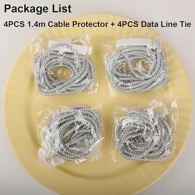 4pcs 1.6M(5.25FT) Spiral Cable Protector, Multicolor Suitable for Most Phone/Pad/Laptop USB Wire Cord Savers Protection Cover Anti-Break Wrap Charger Data Line Cables Sleeves, Laser Silver
