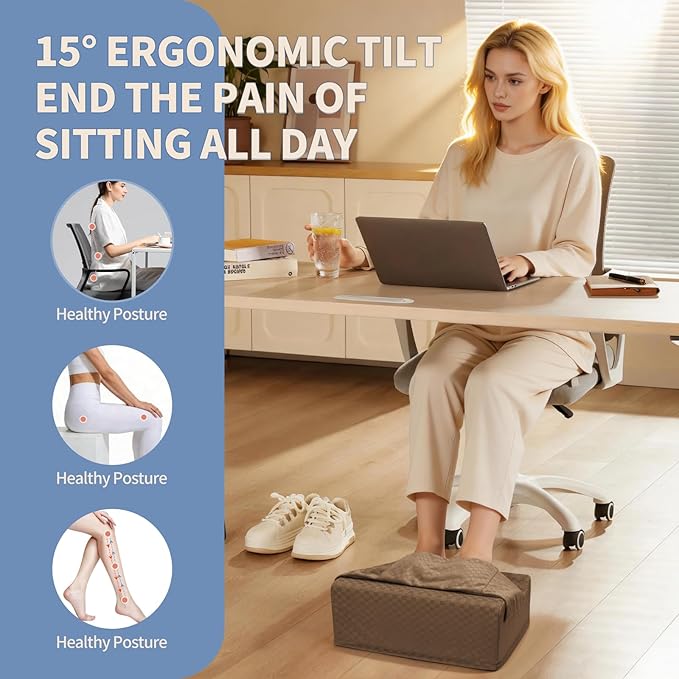 Ergonomic Foot Rest for Under Desk at Work – 15° Tilt Angle Under Desk Footrest with High-Resilience Foam, Velvet Top & Non-Slip Base, Comfortable Foot Stool for Office Chair and Home, Brown