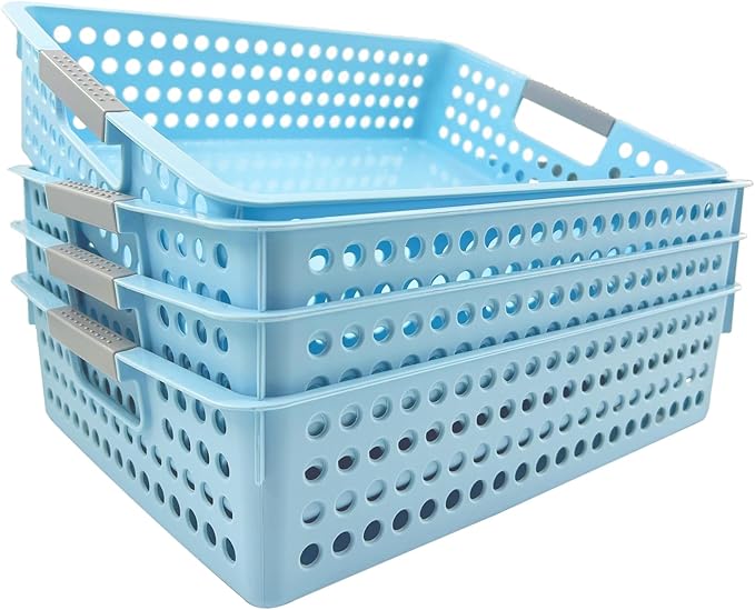 DLUCKY 4Pcs Classroom Organization and Storage Paper Tray Holds 4A Paper, Trays for Classroom Toy, Crayons, Handicrafts Storage, Also for Library, Drawers, Office, Kitchen, Bathroom(sky blue)
