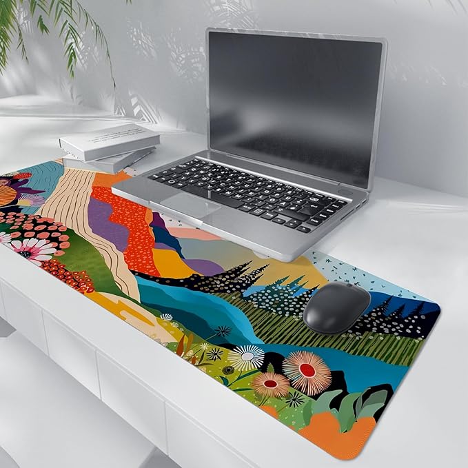 Abstract Colorful Boho Mountain Wildflower Mouse Pad,Aesthetic Nature Landscape Desk Mat,Spring Summer Botanical Forest Mousepad for Home Office Dorm Desktop Decor,31.5x11.8 Inch