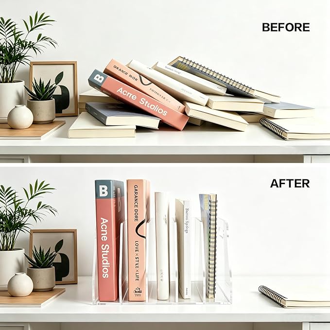 Acrylic Magazine File Holder, 5 Vertical Compartments Desk Document Sorter Organizer, Clear Bookend File Sorter Holder for Office, Documents, Tablets, Magazines, Books