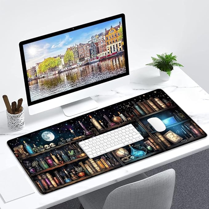 Gaming Mouse Pad Large Desk Mat Extended Keyboard Mouse Pad Mousepad with Non-Slip Base and Stitched Edge Mouse Mat Desk Pad Mouse Pads for Desk Home Office Gaming Goth Bookshelves