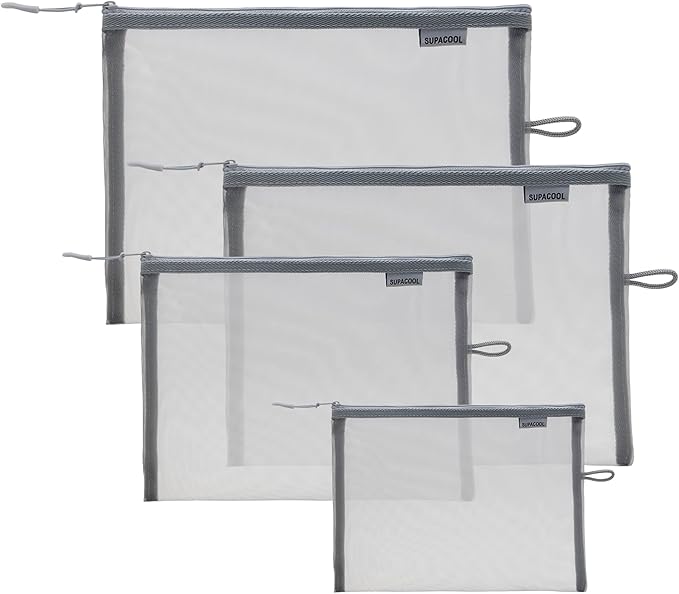 SUPACOOL Set of 4 Travel Mesh Makeup Bag, Cosmetic Organizer Pouches with Zipper, Diaper Organizing Pouches, Nylon Toiletries Bag for Women and Men(4pcs, Gray)