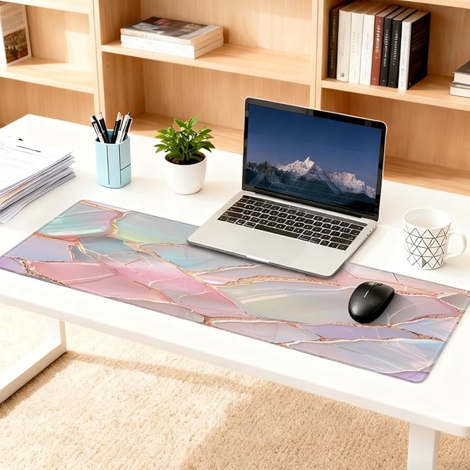Large Mouse Pad Shell Pink Marble Non-Slip Rubber Long Gaming Desk Mat Big Computer Keyboard Mousepad Waterproof Protector Wristing Pad for Gaming Office Home Decorative 31.5 X 11.8 Inch