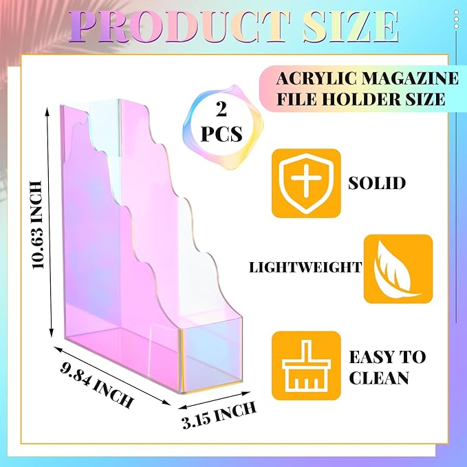 Engrowtic 2 Pcs Iridescent Acrylic Magazine File Holders, Water Ripples Vertical File Organizer, Colorful Acrylic Folder Organizers for Desk Office Classroom Home Decor Document Storage Organizer