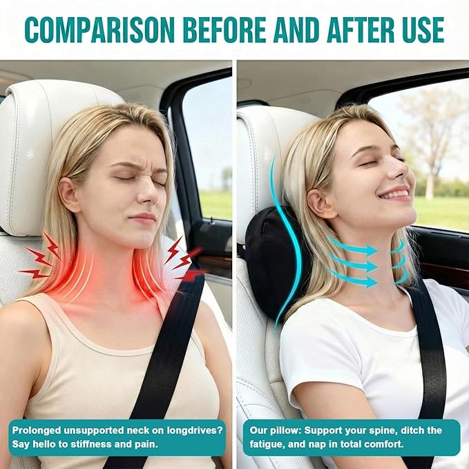 2PCS Car Pillow for Car Neck Pillow for Driving Seat Neck Support Soft Cushion Back Support Head-Rests for Vehicle Sleeping with Elastic Adjustment Strap (Grey, Head)