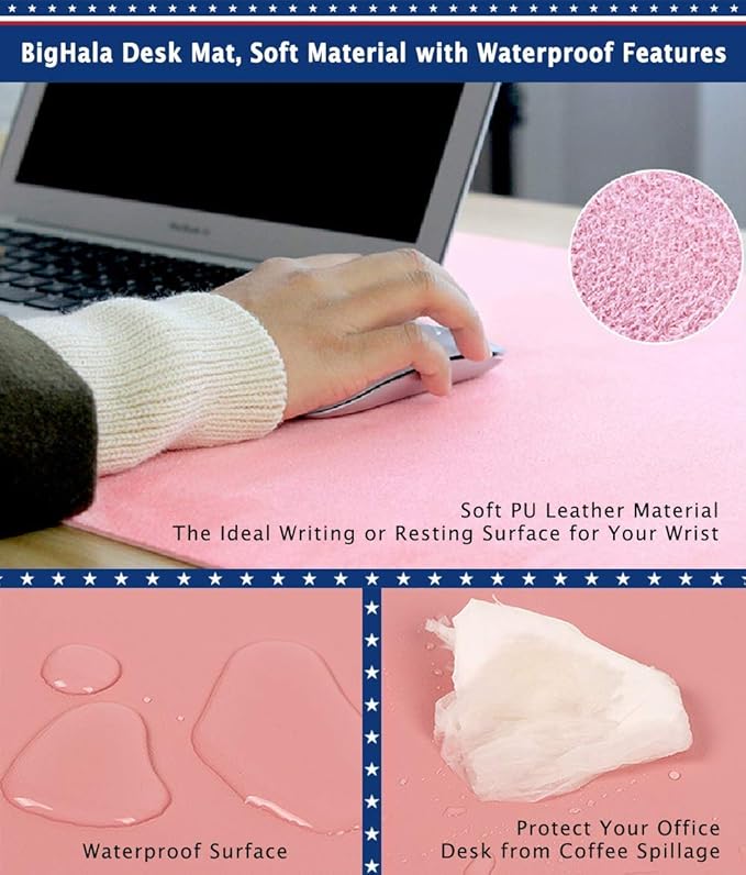 Desk Mat PU Leather Blotter Pad for Desktop on Top of Office Computer Laptop Writing Gaming Décor Accessories Table Topper Protector Under Keyboard Mousepad Pads Waterproof Pink Large XL 24 X 36 Inch