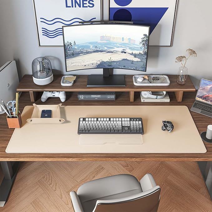 DAWNTREES Dual Sided Desk Mat,Leather Desk Pad,47.2''x15.8'',Cork Desk Mat Protector,with PU Leather Valet Tray Organizer,Large Mouse Pad,Desk Writing Pad for Office and Home(Khaki)